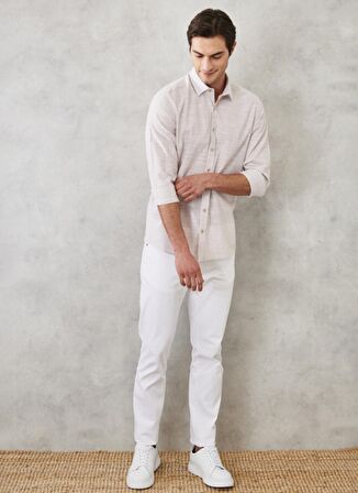 Erkek Bej Slim Fit Dar Kesim %100 Pamuk Klasik Yaka Çizgili Gömlek