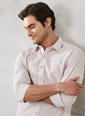 Erkek Bej Slim Fit Dar Kesim %100 Pamuk Klasik Yaka Çizgili Gömlek
