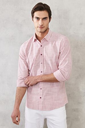Erkek Bordo Slim Fit Dar Kesim %100 Pamuk Klasik Yaka Çizgili Gömlek