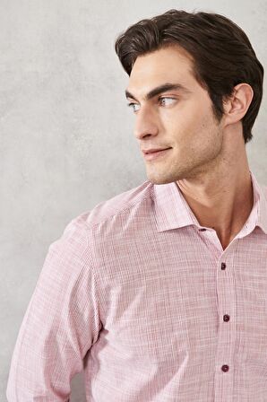 Erkek Bordo Slim Fit Dar Kesim %100 Pamuk Klasik Yaka Çizgili Gömlek