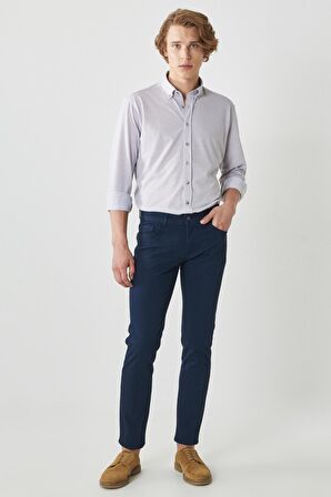 Erkek Lacivert Slim Fit Dar Kesim Armürlü 5 Cepli Casual Esnek Pantolon