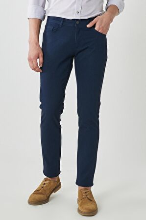 Erkek Lacivert Slim Fit Dar Kesim Armürlü 5 Cepli Casual Esnek Pantolon