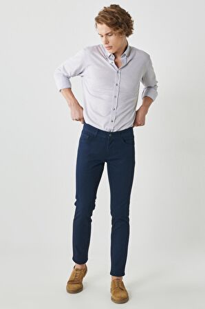 Erkek Lacivert Slim Fit Dar Kesim Armürlü 5 Cepli Casual Esnek Pantolon