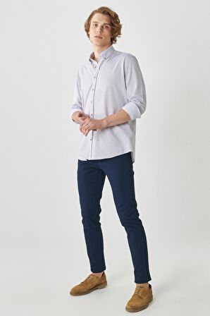 Erkek Lacivert Slim Fit Dar Kesim Armürlü 5 Cepli Casual Esnek Pantolon