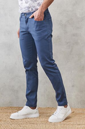 Erkek Petrol Slim Fit Dar Kesim Armürlü 5 Cepli Casual Esnek Pantolon