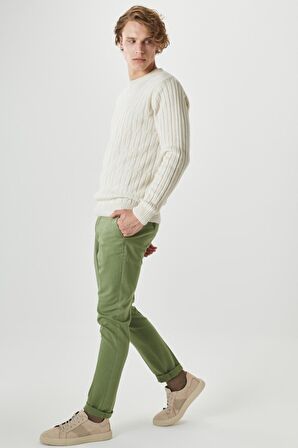 Erkek Yeşil Slim Fit Dar Kesim Armürlü Yan Cep Casual Pantolon