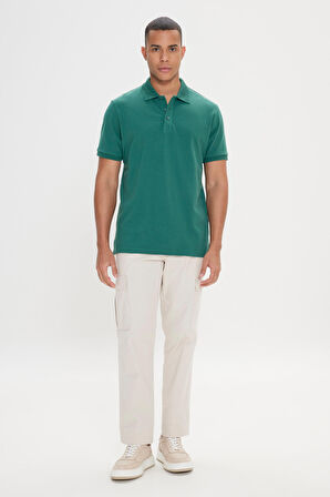 Erkek Koyu Yeşil %100 Pamuk Kıvrılmaz Yaka Slim Fit Dar Kesim Polo Yaka Kısa Kollu Tişört
