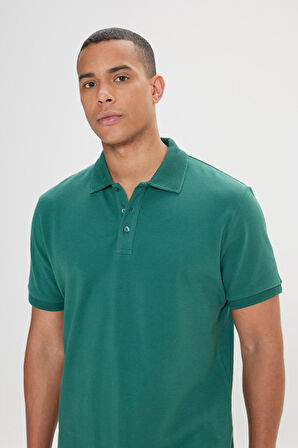 Erkek Koyu Yeşil %100 Pamuk Kıvrılmaz Yaka Slim Fit Dar Kesim Polo Yaka Kısa Kollu Tişört