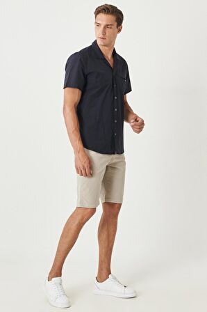 Erkek Lacivert Slim Fit Dar Kesim Mono Yaka Kısa Kollu Casual Gömlek