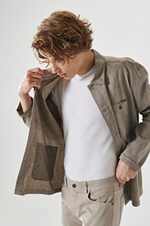 Erkek Kahverengi-bej Comfort Fit Rahat Kesim Düğmeli Yaka Armürlü Gömlek