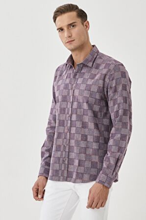 Erkek Beyaz-bordo Slim Fit Kareli Gömlek