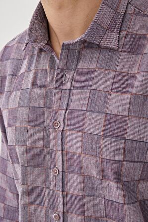 Erkek Beyaz-bordo Slim Fit Kareli Gömlek