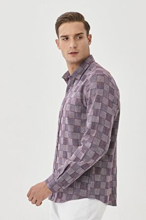 Erkek Beyaz-bordo Slim Fit Kareli Gömlek