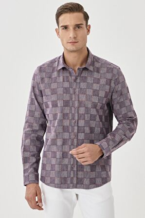 Erkek Beyaz-bordo Slim Fit Kareli Gömlek