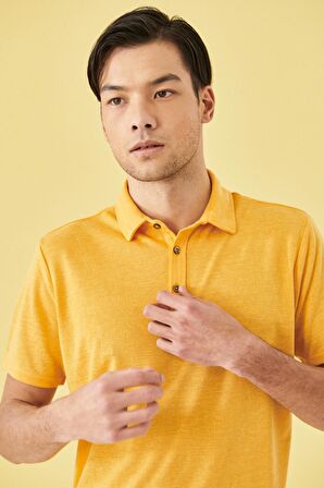 Erkek Koyu Sarı Slim Fit Dar Kesim Polo Yaka Düz Casual Tişört