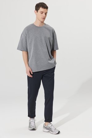 Erkek Gri Melanj Oversize Bol Kesim Bisiklet Yaka Kısa Kollu Sweatshirt Tişört