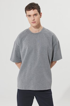 Erkek Gri Melanj Oversize Bol Kesim Bisiklet Yaka Kısa Kollu Sweatshirt Tişört