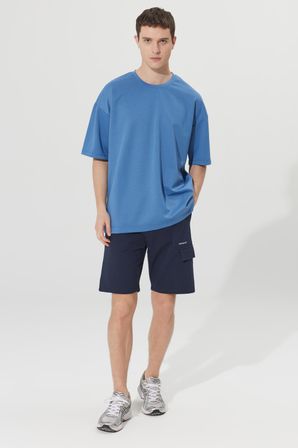 Erkek Indigo Oversize Bol Kesim Bisiklet Yaka Kısa Kollu Sweatshirt Tişört