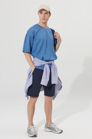 Erkek Indigo Oversize Bol Kesim Bisiklet Yaka Kısa Kollu Sweatshirt Tişört