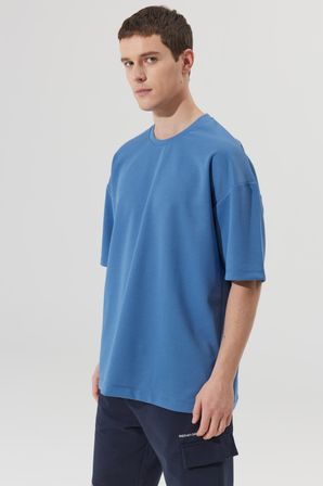 Erkek Indigo Oversize Bol Kesim Bisiklet Yaka Kısa Kollu Sweatshirt Tişört
