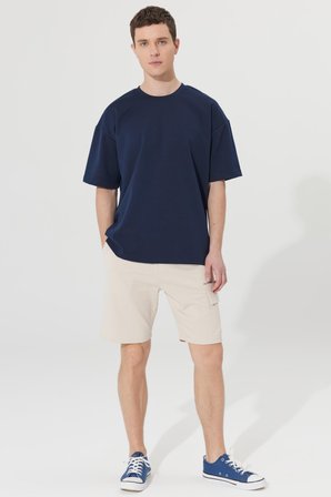 Erkek Lacivert Oversize Bol Kesim Bisiklet Yaka Kısa Kollu Sweatshirt Tişört