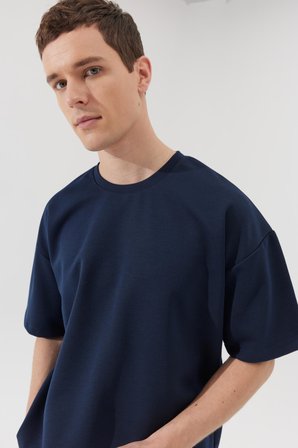 Erkek Lacivert Oversize Bol Kesim Bisiklet Yaka Kısa Kollu Sweatshirt Tişört