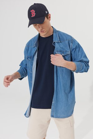 Erkek Lacivert Oversize Bol Kesim Bisiklet Yaka Kısa Kollu Sweatshirt Tişört