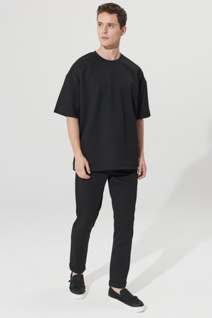 Erkek Siyah Oversize Bol Kesim Bisiklet Yaka Kısa Kollu Sweatshirt Tişört