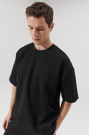 Erkek Siyah Oversize Bol Kesim Bisiklet Yaka Kısa Kollu Sweatshirt Tişört