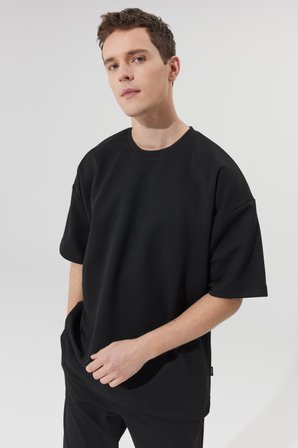Erkek Siyah Oversize Bol Kesim Bisiklet Yaka Kısa Kollu Sweatshirt Tişört
