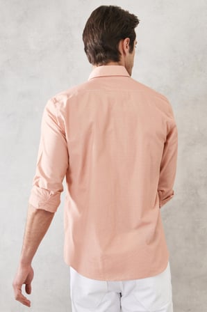 Erkek Turuncu Slim Fit Dar Kesim Oxford Düğmeli Yaka Pötikareli Pamuklu Gömlek