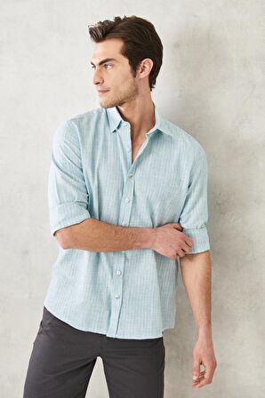 Erkek Yeşil Slim Fit Dar Kesim Gizli Düğmeli Yaka Keten Görünümlü %100 Pamuk Flamlı Gömlek