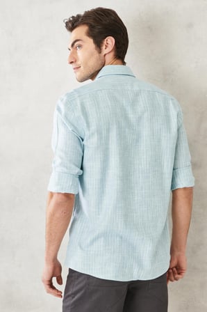 Erkek Yeşil Slim Fit Dar Kesim Gizli Düğmeli Yaka Keten Görünümlü %100 Pamuk Flamlı Gömlek