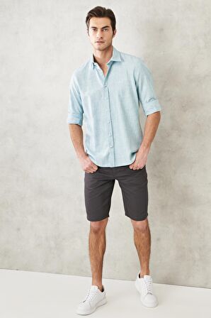 Erkek Yeşil Slim Fit Dar Kesim Gizli Düğmeli Yaka Keten Görünümlü %100 Pamuk Flamlı Gömlek