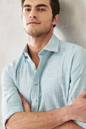 Erkek Yeşil Slim Fit Dar Kesim Gizli Düğmeli Yaka Keten Görünümlü %100 Pamuk Flamlı Gömlek