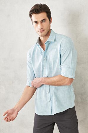 Erkek Yeşil Slim Fit Dar Kesim Gizli Düğmeli Yaka Keten Görünümlü %100 Pamuk Flamlı Gömlek