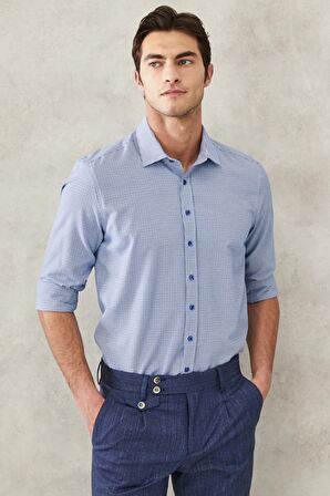 Erkek Beyaz-lacivert Slim Fit Dar Kesim Klasik Yaka Armürlü Gömlek