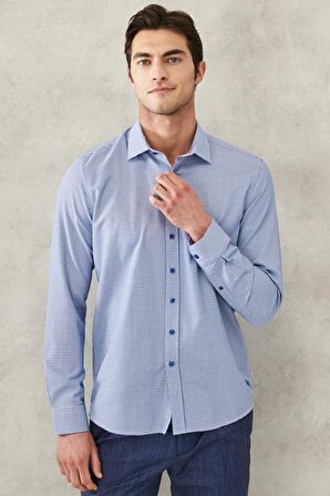 Erkek Beyaz-lacivert Slim Fit Dar Kesim Klasik Yaka Armürlü Gömlek