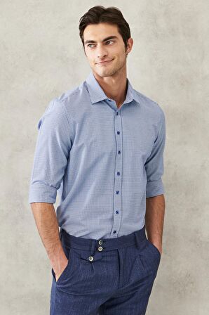 Erkek Beyaz-lacivert Slim Fit Dar Kesim Klasik Yaka Armürlü Gömlek