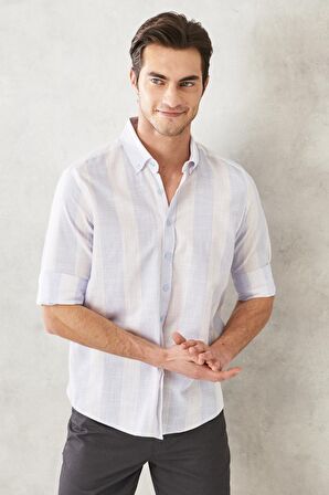 Erkek Beyaz-mavi Slim Fit Dar Kesim Düğmeli Yaka %100 Pamuk Gömlek
