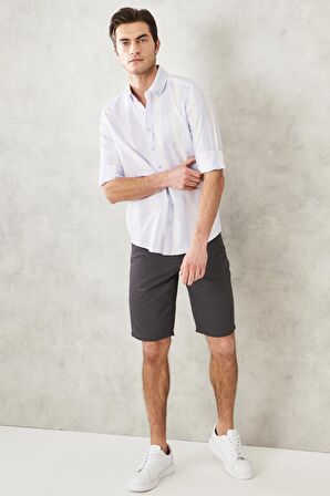 Erkek Beyaz-mavi Slim Fit Dar Kesim Düğmeli Yaka %100 Pamuk Gömlek