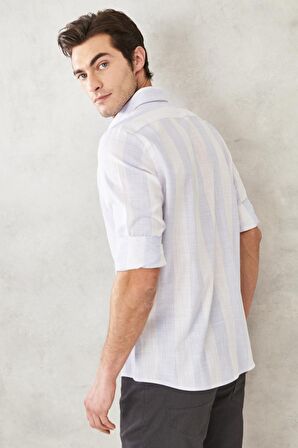 Erkek Beyaz-mavi Slim Fit Dar Kesim Düğmeli Yaka %100 Pamuk Gömlek