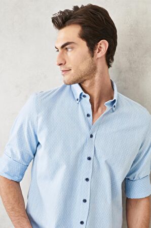 Erkek Açık Mavi Slim Fit Dar Kesim %100 Pamuk Armürlü Düğmeli Yaka Casual Gömlek