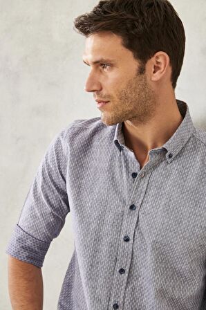 Erkek Lacivert Slim Fit Dar Kesim %100 Pamuk Armürlü Düğmeli Yaka Casual Gömlek