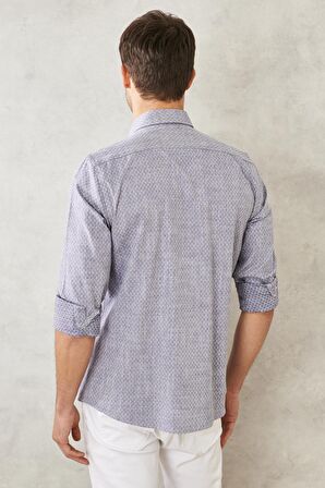 Erkek Lacivert Slim Fit Dar Kesim %100 Pamuk Armürlü Düğmeli Yaka Casual Gömlek