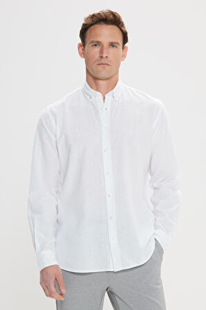 Erkek Beyaz Comfort Fit Rahat Kesim Düğmeli Yaka Casual Keten Gömlek