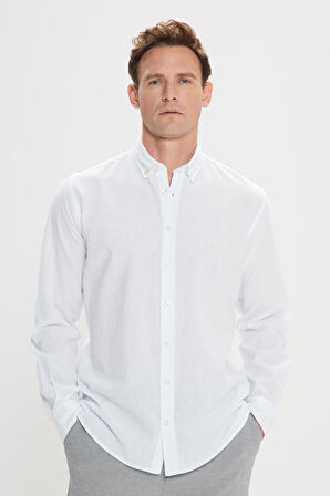 Erkek Beyaz Comfort Fit Rahat Kesim Düğmeli Yaka Casual Keten Gömlek