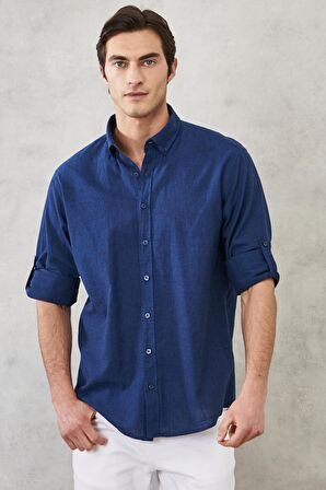 Erkek Indigo Comfort Fit Rahat Kesim Düğmeli Yaka Casual Keten Gömlek