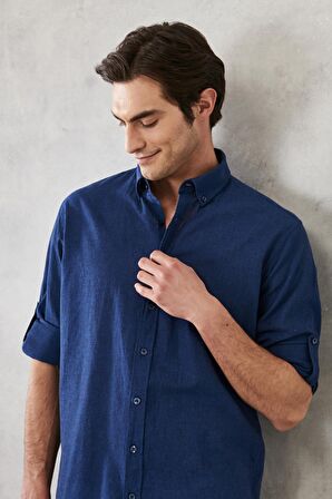 Erkek Indigo Comfort Fit Rahat Kesim Düğmeli Yaka Casual Keten Gömlek