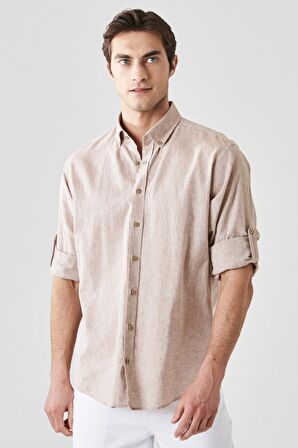 Erkek Camel Comfort Fit Rahat Kesim Düğmeli Yaka Casual Keten Gömlek